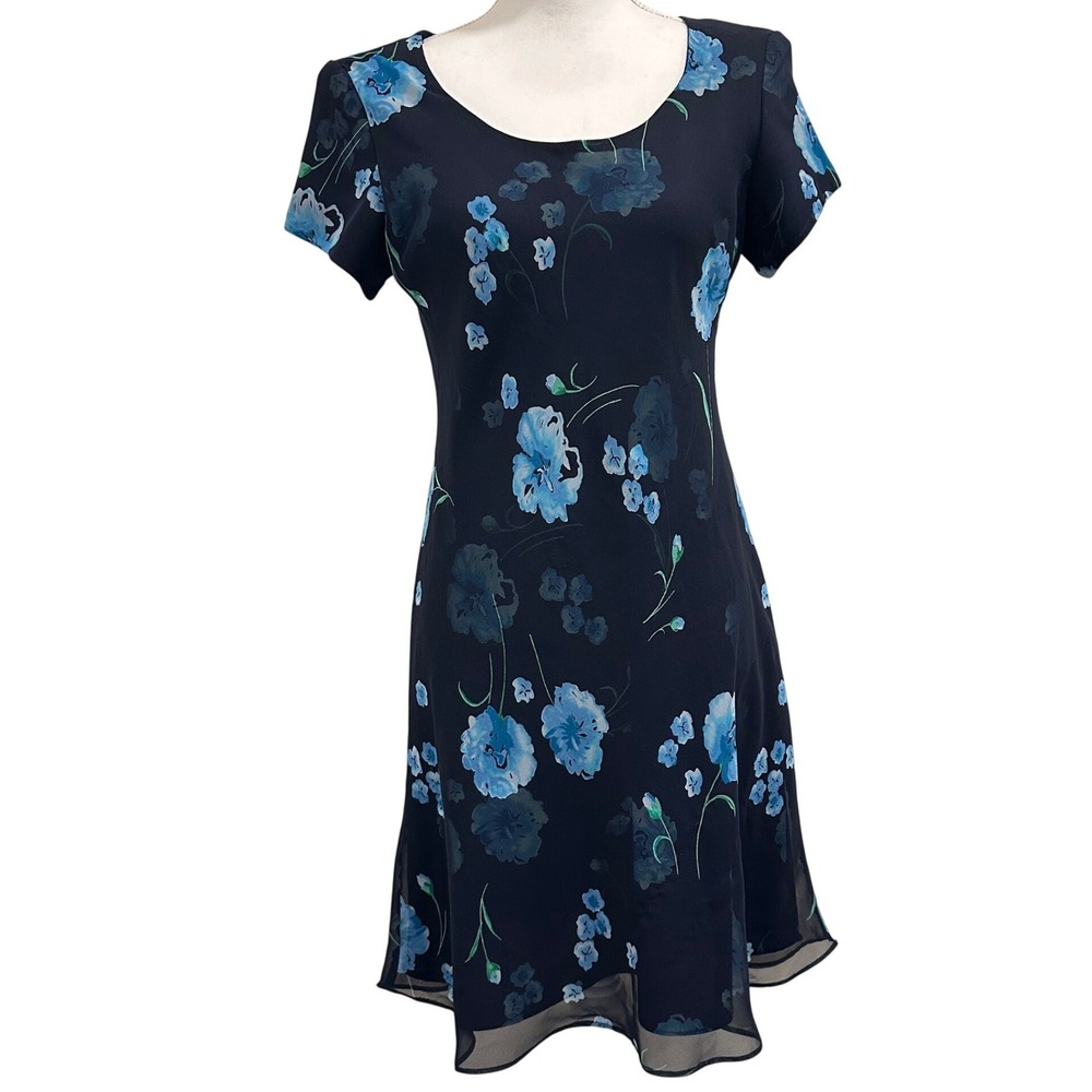 VTG 90s Jessica Howard Navy Blue Floral Chiffon‎ Shift Dress Fairy Cottage Small